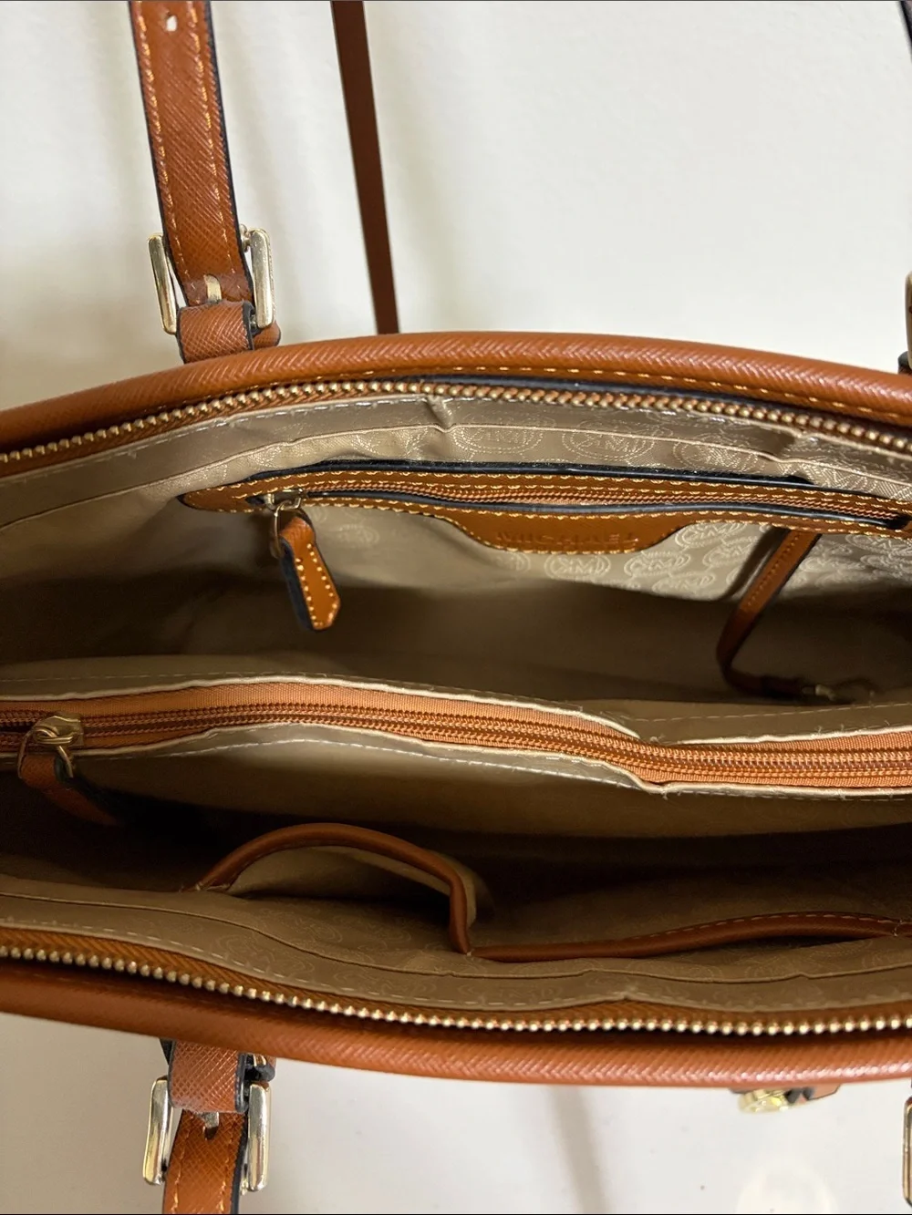 Fashion Tote Bag with Double Shoulder Strap and buckle accents Cognac